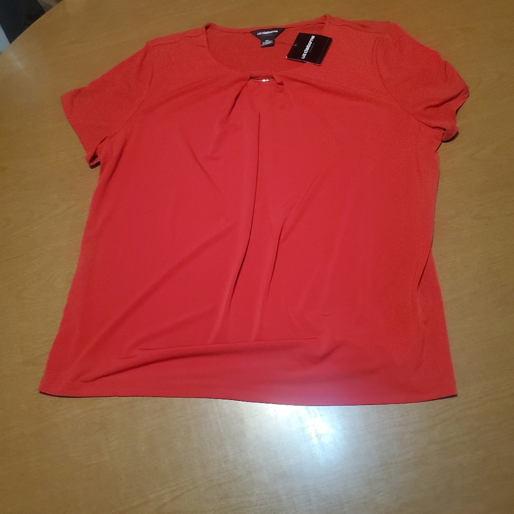 Red Liz Claiborne top with gold neckline detail.